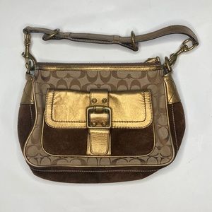 Gold & Brown Suede Coach Saddlebag Purse